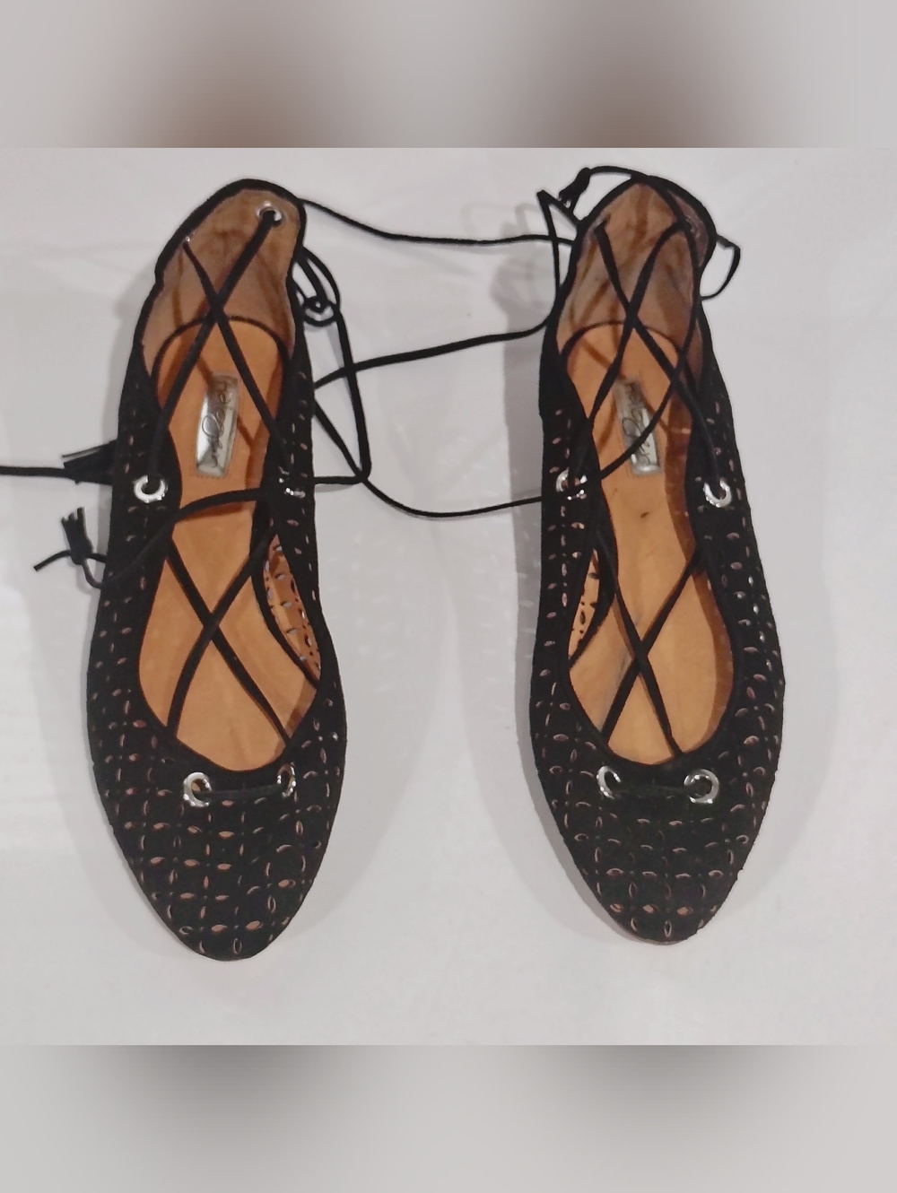 Halogen Black Laser-Cut Lace-Up Flats Size 10